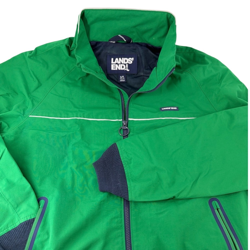 Lands End Mens Large Tall Jacket Green Navy Full Zip Windbreaker Bomber Preppy